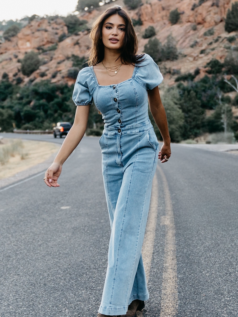 Bohme Denim Puff Sleeve Wide Leg Jumpsuit Light Wash NWT